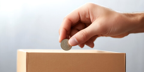 Close-up of a hand placing a coin in a cardboard donation box. Donations, volunteering, foundation. Simple background with copy space
