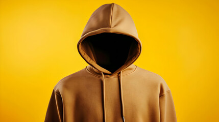 A hooded figure with no visible face against a vibrant yellow background.