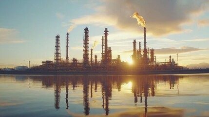 Obraz premium Silhouetted industrial complex reflected in calm water at sunset.