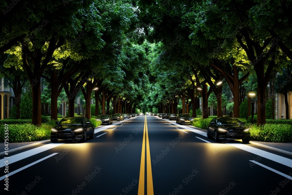 Poster 3d rendering of a quiet suburban street with trees lining the road, houses on either side, and soft 