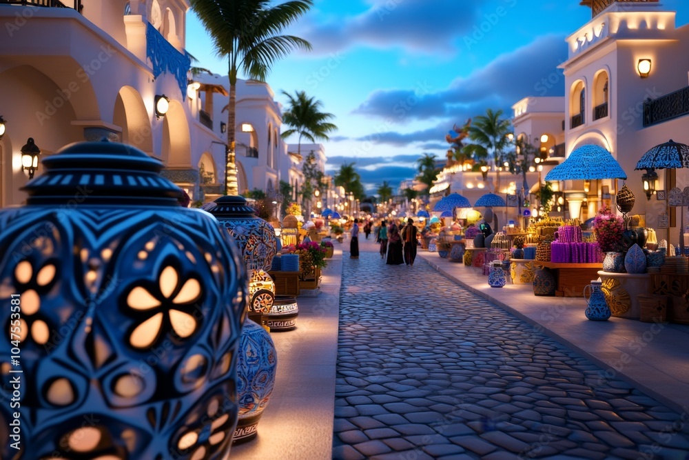 Poster 3d rendering of a traditional street market with intricate details of stalls, people browsing, and d