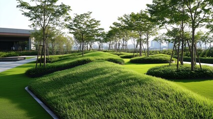 Obraz premium Rolling green hills and lush trees in a park setting.