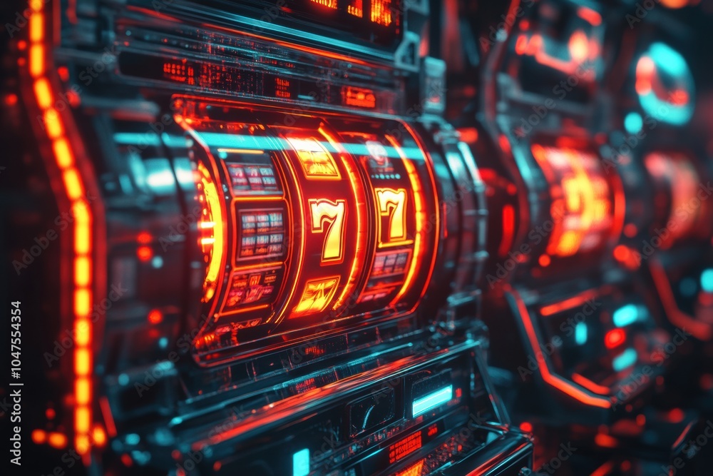 Aufkleber a row of advanced slot machines displays spinning reels with vibrant lights, showcasing a central ja