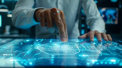 Digital Innovation: A close-up shot of a man interacting with a futuristic digital interface, a sleek holographic display showcasing the intricate circuitry of technology.  
