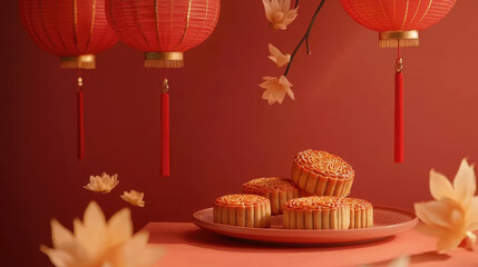 Delight in festive scene featuring big plate of mooncakes surrounded by vibrant red lanterns and delicate flowers, evoking warm celebration