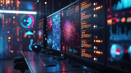 Cybernetic Heartbeat:  A futuristic server room pulses with vibrant data streams across multiple monitors, showcasing complex algorithms and network activity in a captivating digital landscape.