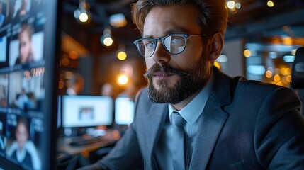 Fototapeta premium Focused Determination: A man in a suit and glasses stares intently at a computer screen, his expression focused and determined.