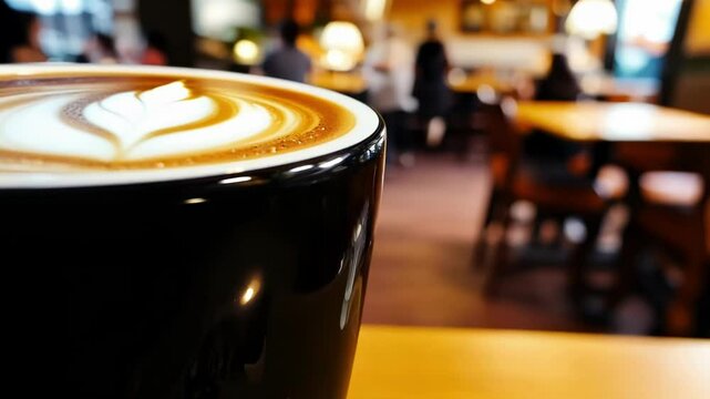 A beautifully crafted cup of cappuccino with latte art on top, in a cozy caf&eacute; setting. Ideal for coffee lovers and caf&eacute; culture enthusiasts.