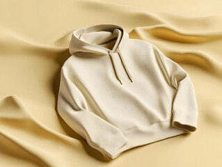 A beige hoodie displayed on a soft, textured background.