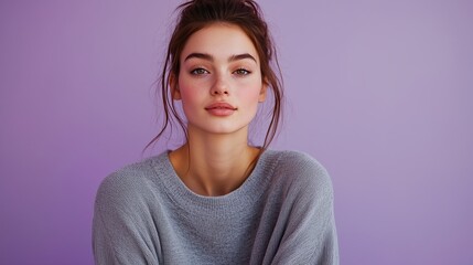 Fototapeta premium Young Woman in Casual Grey Sweater Against Purple Background