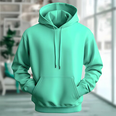 A turquoise hoodie displayed in a bright, modern indoor setting.