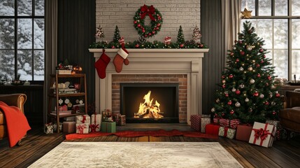 Fototapeta premium Fireplace with Christmas Tree Decorations in Cozy Living Room