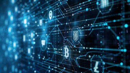 Obraz premium Dramatic representation of blockchain technology featuring a digital grid, interconnected nodes, and secure icons symbolizing data integrity and innovation in digital finance