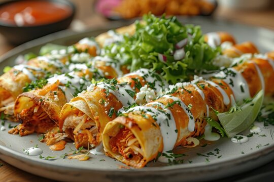 A plate of flautas, crispy rolled tortillas filled with shredded chicken, topped with lettuce, sour cream, queso fresco, and a drizzle of red sauce