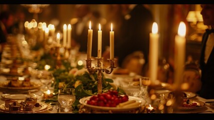 Elegant dinner party ambiance, candlelit table adorned with gourmet dishes, guests in formal attire savoring a delightful evening filled with laughter and fine dining