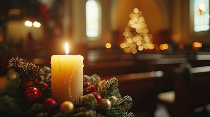 Church Service, a peaceful Christmas Eve or Day service with a lit candle in hand, with copy space, Christmas Day
