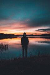A lone figure stands by a lake during sunset, reflecting on the beauty of the scene.