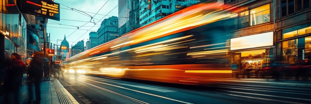 A vivid urban scene with lights and motion blur captures the energy and speed of a bustling city street.
