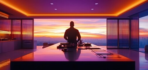 A serene evening in a modern kitchen overlooking a vibrant sunset the perfect blend of culinary art and nature's beauty