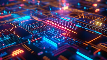 Exploring Abstract Electronic Circuits in a Vibrant Neon-Lit Image Representing Future Technology