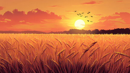 A golden wheat field at sunset. Golden Wheat Field. Illustration