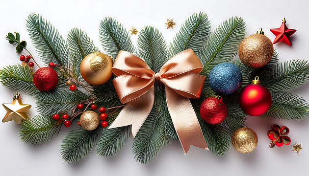 Merry Christmas with vairous decorations and ornaments on a fir branch in white background _1(486)