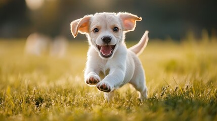 A small dog with fluffy fur leaping forward on a sunny day, happy expression, focus on energy and outdoor play