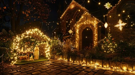 Christmas lights illuminating a church facade, vibrant decorations enhancing the joyful atmosphere, a beautifully lit nativity scene in the courtyard inviting reflection and celebration
