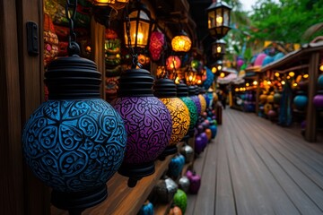 A magical fantasy market with glowing lanterns, enchanted items for sale, and mystical creatures browsing the stalls, symbolizing the wonder and excitement of a marketplace in a fantasy world