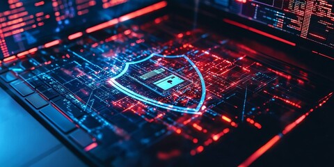 Protecting your data online:  A shield represents security, a laptop and phones hold your information, and digital streams show how data travels.