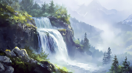 A misty waterfall cascades down a rugged rocky cliff, surrounded by lush greenery, with a serene forest landscape stretching out towards the distant foggy valley. Misty Waterfall Basin. Illustration