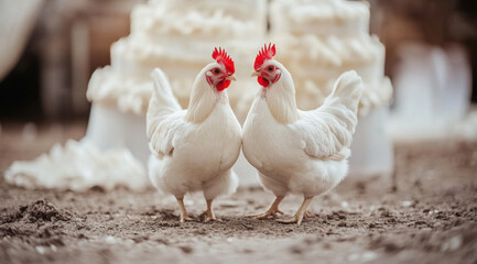 Fototapeta premium Chickens in chicken farm, two white hens standing together on ground, showcasing their vibrant red combs and wattles, creating lively farm atmosphere