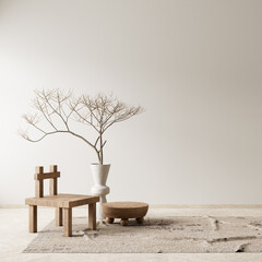 Bboho style decorated livinig room. Modern, authentic Interior design of living room with wooden furnitures. 3D illustration