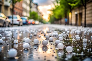 hailstone on city street closeup after hail storm