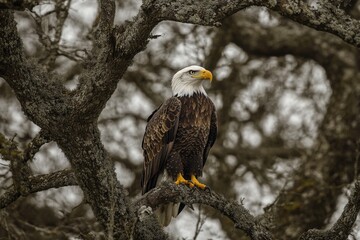 Eagle Perched. Majestic Bald Eagle Observing Its Surroundings on a Tree Branch Overlooking a Lake in a National Park