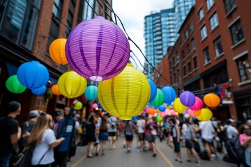 A neighborhood street filled with people celebrating a cultural festival, with colorful decorations, traditional clothing, and music filling the air, symbolizing the vibrancy and inclusivity