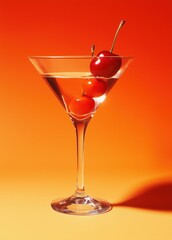 A glass of cherry martini with three cherries on top
