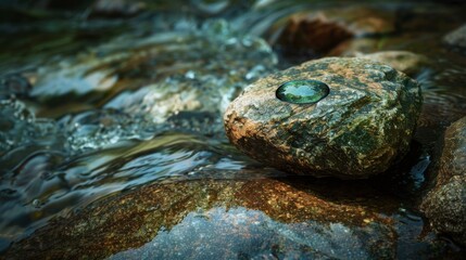 A rock is sitting on top of a body of water