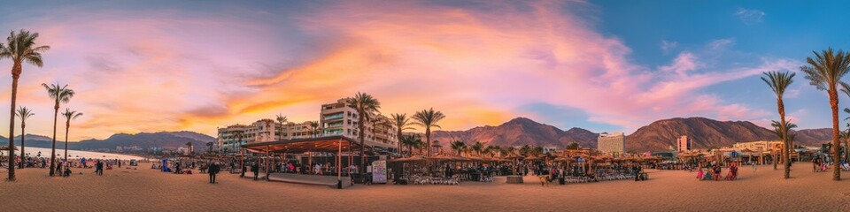 Fototapeta premium Eilat Sunset Beach: Resort City Centre with Building, Beach Activities, and Scenic Mountain Views