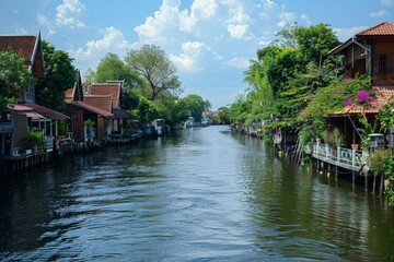 Fototapeta premium Traditional Riverside Houses in Thailand Along Canal