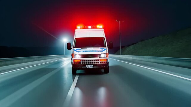 Ambulance speeding through a road at night with emergency lights flashing, symbolizing urgency and medical response