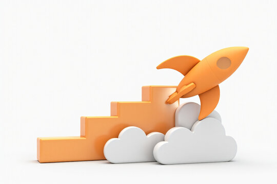 ange rocket soars rising graph amidst white clouds white background symbolizing growth visual success rendering environment