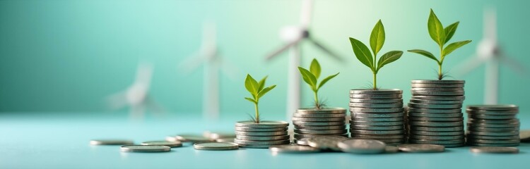 Growing Money, Sustainable Investments, Green Energy Concept. Stacks of coins with growing plants and blurred wind turbines in the background, representing financial growth and renewable energy.