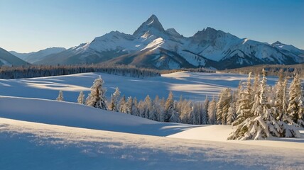 A tranquil winter landscape. 16:9 proportion. Ideal for backgrounds, nature-themed designs, or adding a peaceful touch to your projects. Created in Leonardo AI.