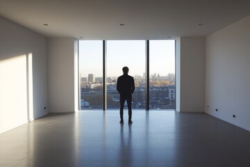 Obraz premium An empty modern room with large windows. A lone figure stands and gazes out. The light casts shadows creating a calm atmosphere. Emphasizing space and solitude. Generative AI