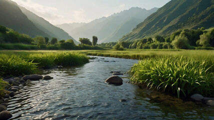 Evocative mountain valley landscape with a flowing river. 16:9 ratio. Use for travel marketing, meditation visuals, or digital art. Created in Leonardo AI.