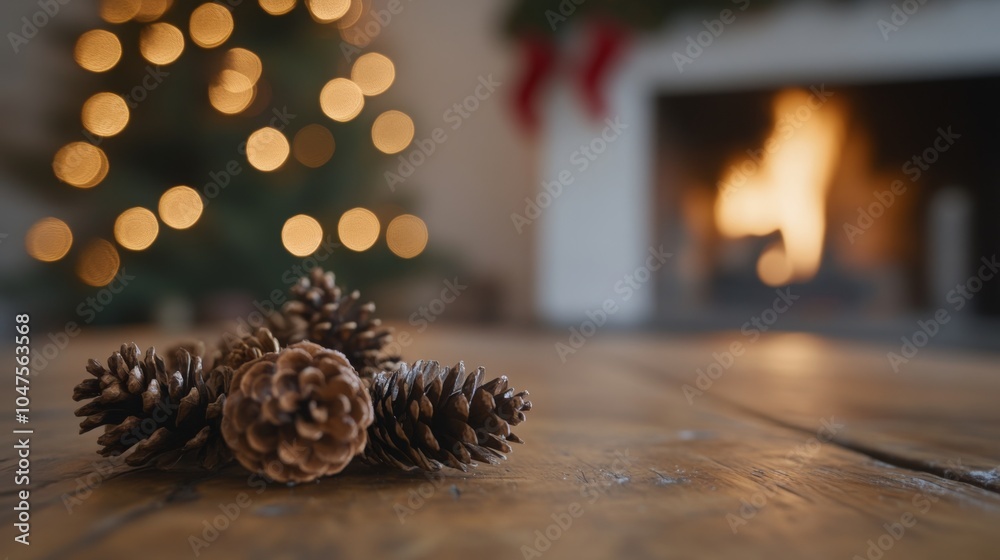 Poster a close-up of pine cones resting on a wooden table. in the blurred background, a christmas tree is l