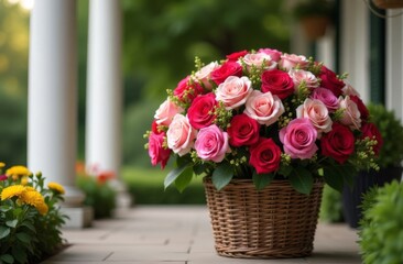 Bouquet of flowers in basket with book. Bouquet of chamomile flowers. Spring, summer holidays, Easter, mother's day. Side view. Space for text.