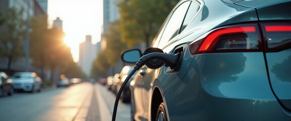 Naklejka premium Electric Car Charging at Sunset, Eco-Friendly Transportation in City, Sustainable Energy Concept.