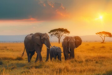 Fototapeta premium Majestic elephants roam the golden savanna of Africa under a stunning sunset, creating a picturesque moment in nature. Generative AI